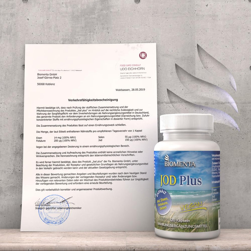 BIOMENTA Iodine Plus - 120 high-dose iodine capsules - active ingredient complex with selenium, folic acid, iron - vegan - premium quality - NewNest Australia