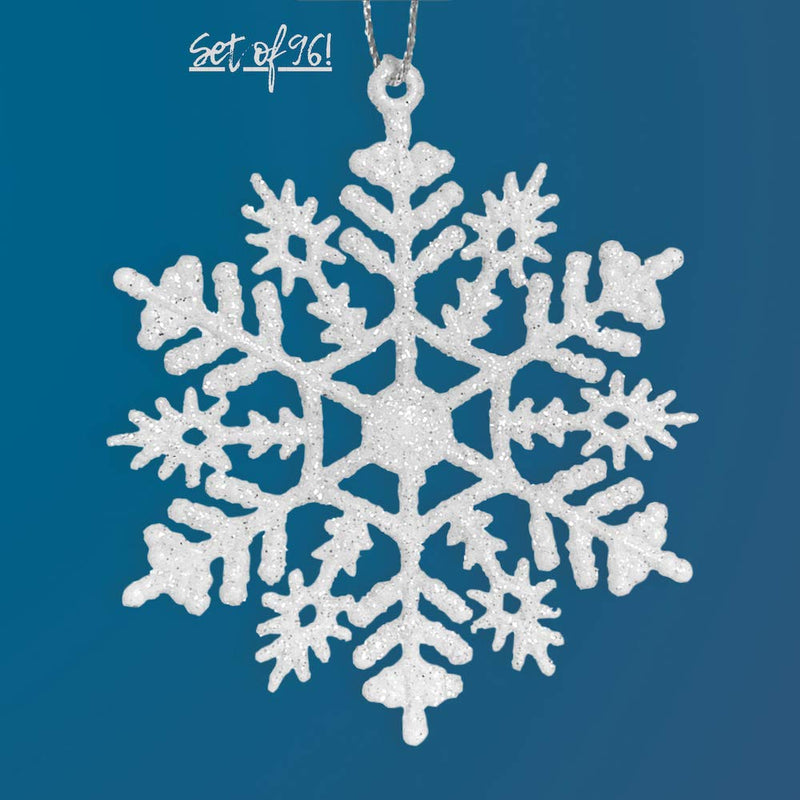 NewNest Australia - BANBERRY DESIGNS Small White Snowflakes - 3" Diam.Glittered Snow Flake Ornaments - Bulk Pack of 96pcs Shatterproof Plastic 96 