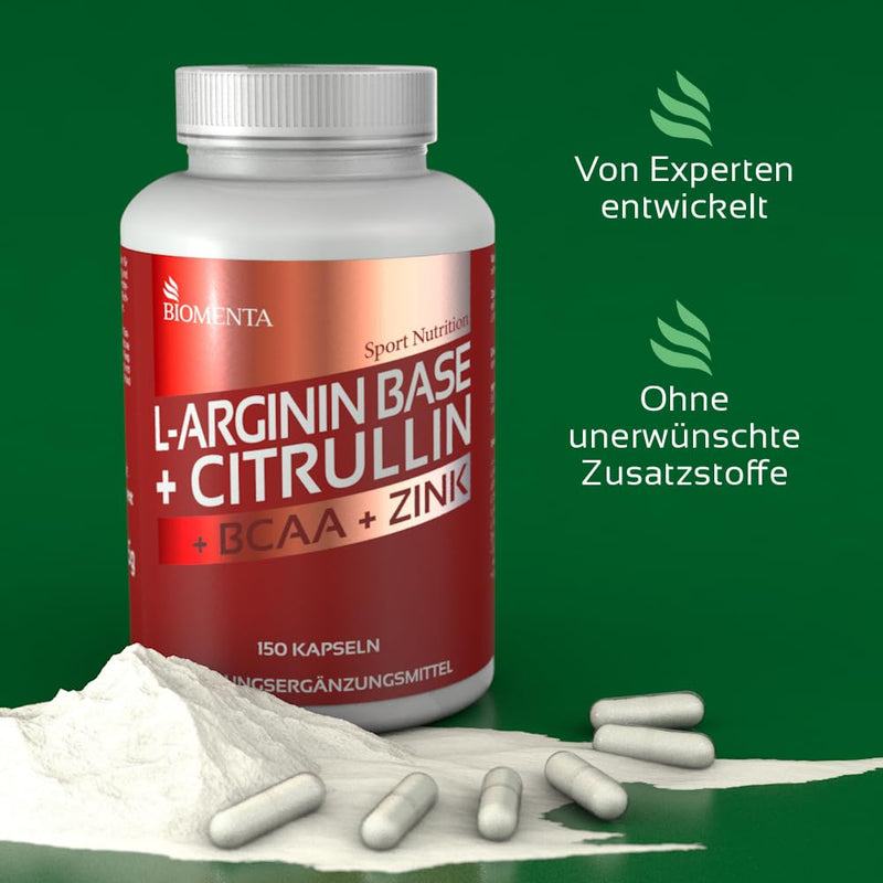 Biomenta L-Arginine + Citrulline - 150 L Arginine Citrulline Capsules With 3,500 Mg Arginine Base, 1,000 Mg L Citrulline Malate Powder, Enriched With 1,000 Mg Bcaa And Zinc - NewNest Australia