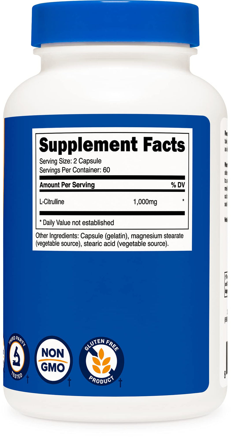 Nutricost L-Citrulline 500mg, 120 Capsules - Gluten Free, Non-GMO, 1000mg Per Serving (60 Serv) 120 Count (Pack of 1) - NewNest Australia