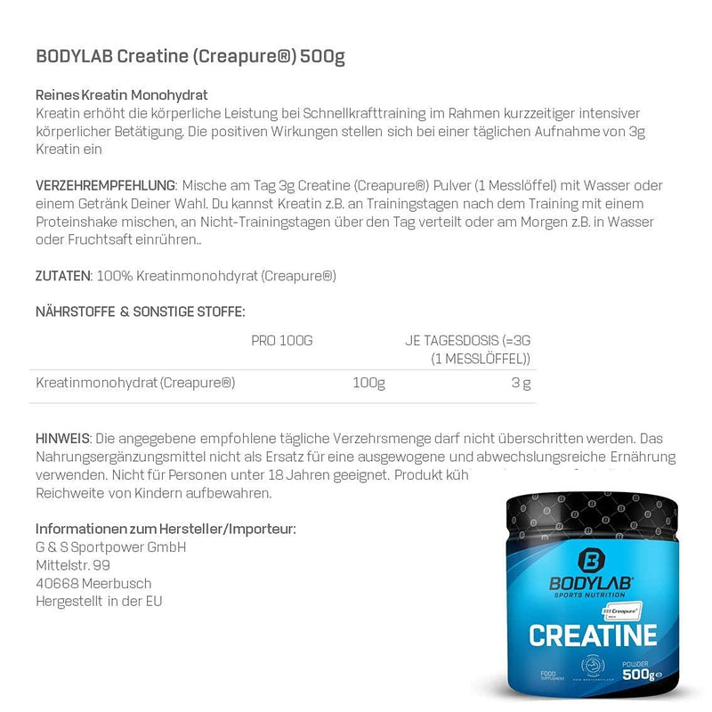 Bodylab24 Creapure Powder 500 G, Pure Creatine Monohydrate As High-Quality Creapure, High-Dose Creatine For More Energy, Strength And Support Muscle Building - NewNest Australia