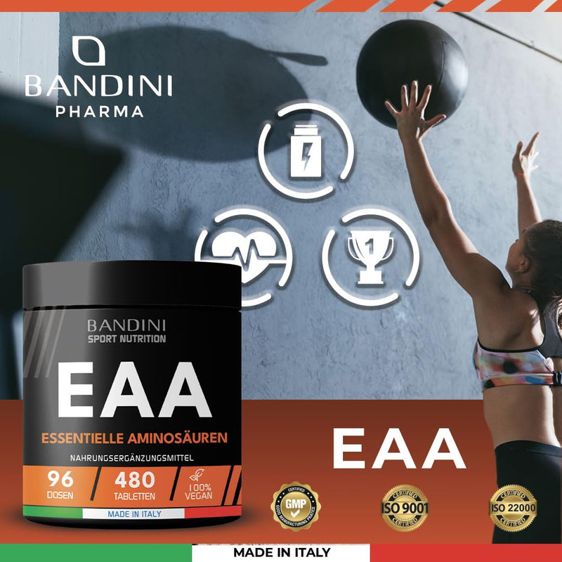 Bandini® EAA amino acid complex high dosage | 480 vegan amino tablets with 9 different amino acids | Pre Post Workout Booster | Neutral in taste, vegan, no additives, laboratory tested 480 units (neutral) - NewNest Australia