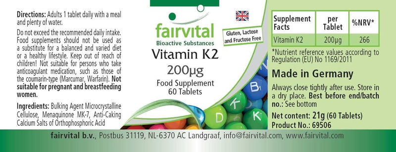 Fairvital | Vitamin K2 MK-7 200µg - HIGH DOSE - Menaquinone MK-7 - natural & fermented from natto - VEGAN - 60 tablets - NewNest Australia