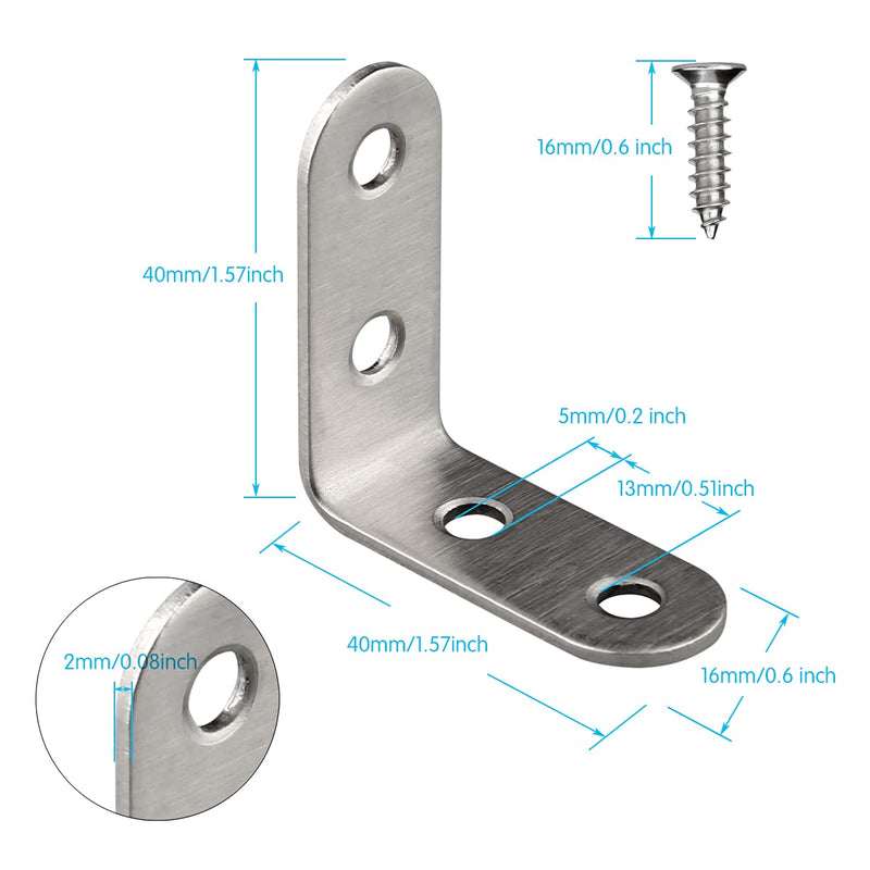 24 Pieces Stainless Steel Corner Braces (1.57 x 1.57 inch，40 x 40 mm) Joint Right Angle Bracket Fastener L Shaped Corner Fastener Joints Support Bracket, 96 Pieces Screws Included 1.57*1.57 inch - NewNest Australia