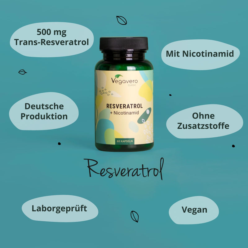 RESVERATROL Vegavero® | 500 mg Trans-Resveratrol | Plus Nicotinamide | 98% pure trans-resveratrol from Japanese knotweed | Without additives | 60 capsules | Vegan - NewNest Australia