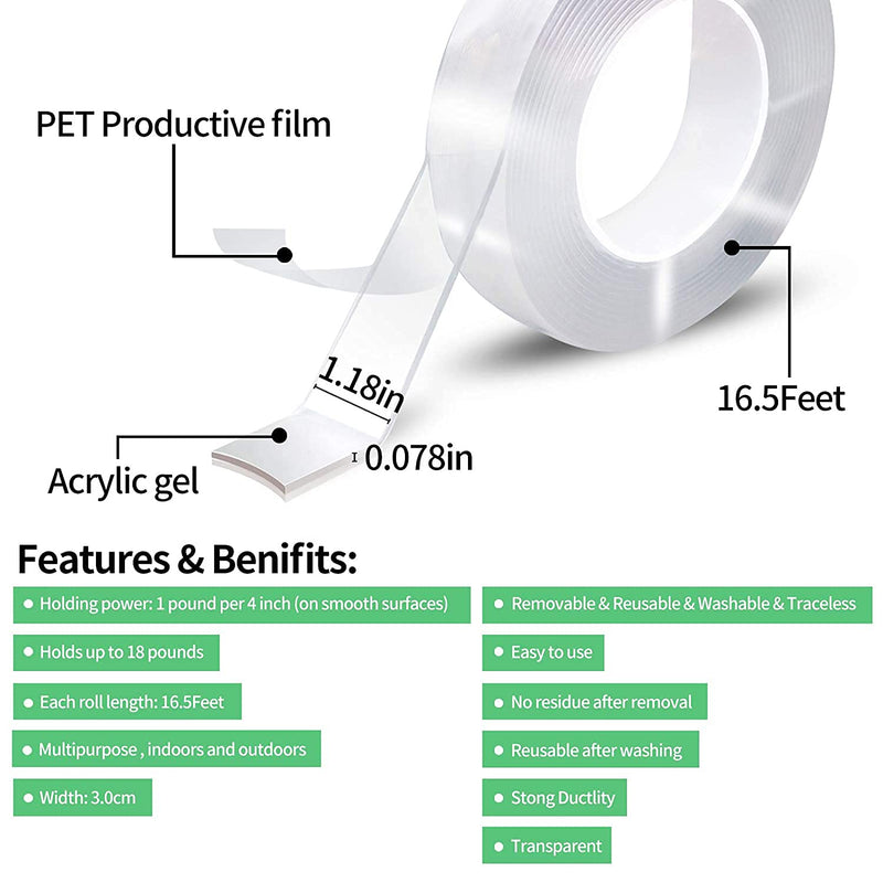 Double Sided Tape Heavy Duty for Walls Paint, Crafts, Nails, Poster, Fix Carpet - Clear Waterproof Mounting Two Sided Strong Tape Removable Adhesive 80.0 Mil Thick, 1.2" W x 5 Yard - NewNest Australia