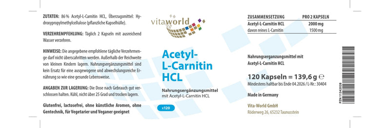 vitaworld Acetyl-L-Carnitine HCL, high dose 1500mg pure L-carnitine per daily intake, vegan, high bioavailability, 120 capsules - NewNest Australia