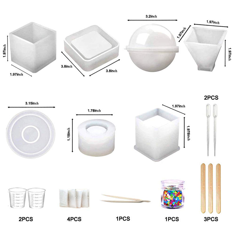 Resin Molds Silicone Kit 20Pcs,Epoxy Resin Molds Including Sphere,Cube,Pyramid,Square,Round, Used for Create Art,DIY,Ashtrays,Coasters,Candles.Bonus Decorative Sequins and The Complete Set Tools White - NewNest Australia
