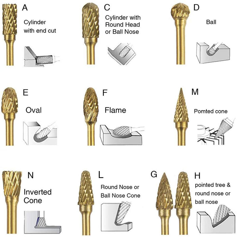 Double Cut Titanium Carbide Rotary Burr Set - Rocaris 10 Pieces 1/8"(3mm) Shank and 1/4"(6 mm) Head SizeTungsten Steel, for Woodworking, Drilling, Metal Craving, Engraving, Polishing - NewNest Australia