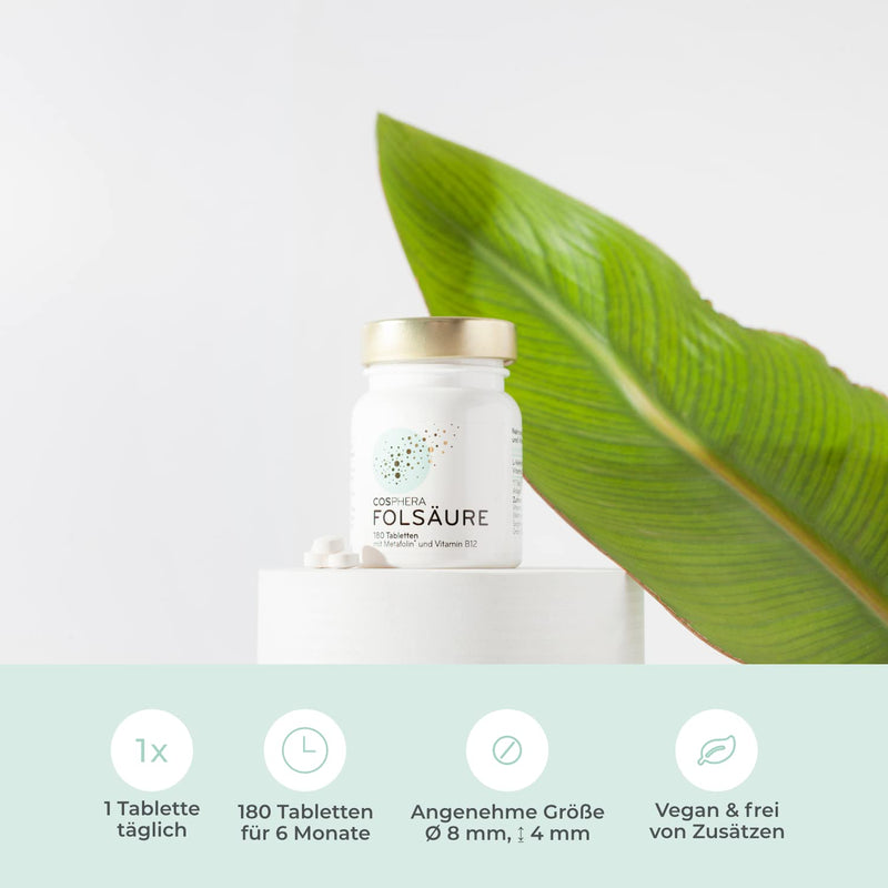 Folic acid tablets - High dose with 800 μg folate (metafolin) and 25 μg vitamin B12 per tablet - 180 vegan tablets in a 6-month supply - With 5-MTHF, the best usable vitamin B9 - NewNest Australia