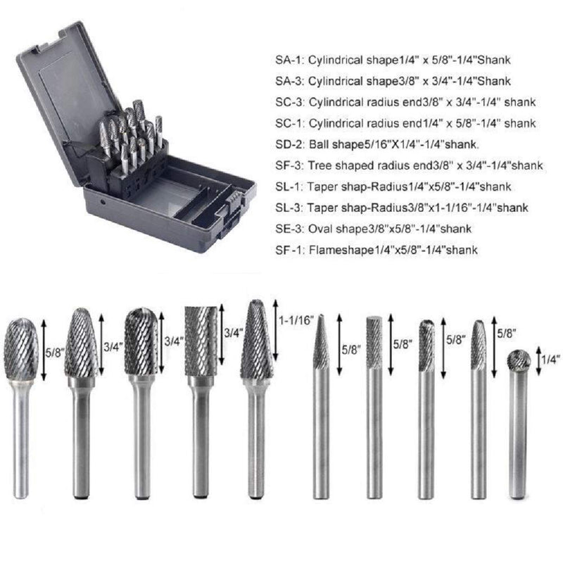 YUFUTOL Carbide Burrs Set 10pcs Double Cut Solid Carbide Rotary Burr Set 1/4 Inch Shank for Die Grinder Drill,Metal Carving, Polishing,Engraving,Drilling - NewNest Australia