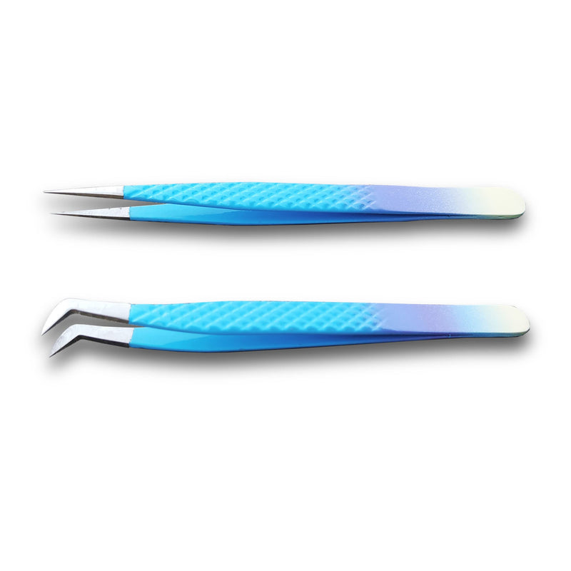 Eyelash Tweezers-2 Pieces Diamond Grip Eyelash Extensions Tweezers With Silver Tip-COSSMOO Straight And Angled Curved L-Shape Volume Tweezers For Lashes Extension, Lash Tweezers For False Lash, Blue - NewNest Australia
