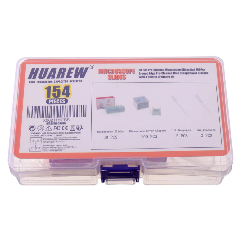 HUAREW 50 Pcs Ground Edge Pre-Cleaned Microscope Slides and 100 Pcs Pre-Cleaned Microscope Cover Glasses with 4 Plastic Droppers - NewNest Australia