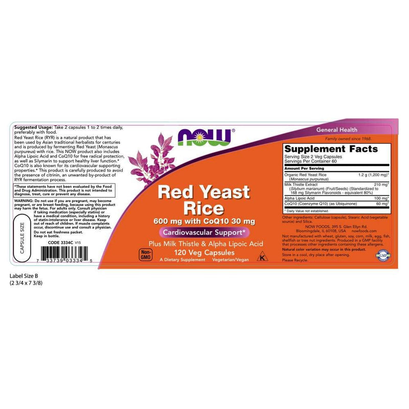 NOW Supplements, Red Yeast Rice with CoQ10, plus Milk Thistle & Alpha Lipoic Acid, 120 Veg Capsules - NewNest Australia