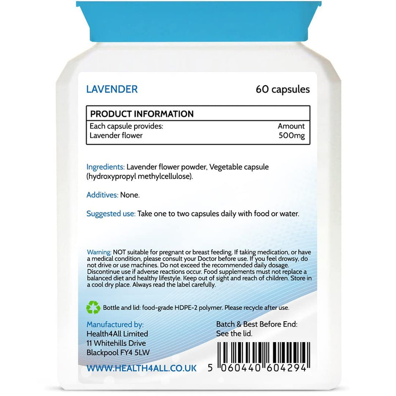 Lavender 500mg 60 Capsules (V) .(not Tablets or Oil) Purest- no additives. Vegan Capsules for Anxiety, Relaxation and Sleep. Made in The UK by Health4All 60 Count (Pack of 1) - NewNest Australia