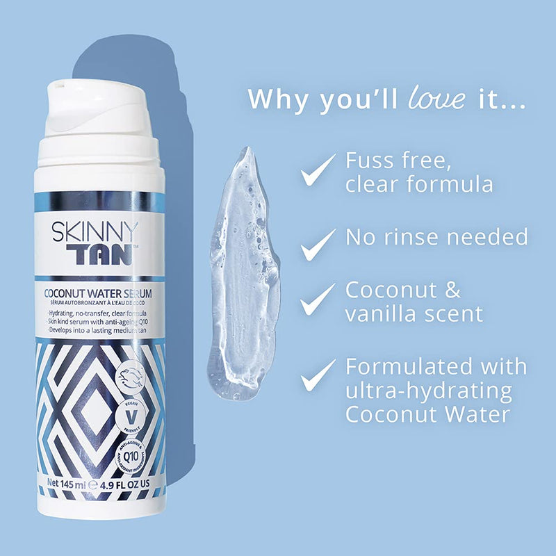 Skinny Tan Coconut Water Serum 145ml | Tanning Serum with Youth Boosting Q10 and Vitamin E | Instant Tan | Coconut And Vanilla Aroma| Cruelty Free & Vegan Skincare for Radiant Natural Glow - NewNest Australia
