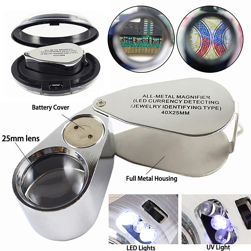 JYOME 40X Metal Illuminated Jewelry Loop Magnifier, Magnifying Glass with LED Light Pocket Folding Jewelers Loupe for Currency Detecting Jewlers Identifying Type Lupe - NewNest Australia
