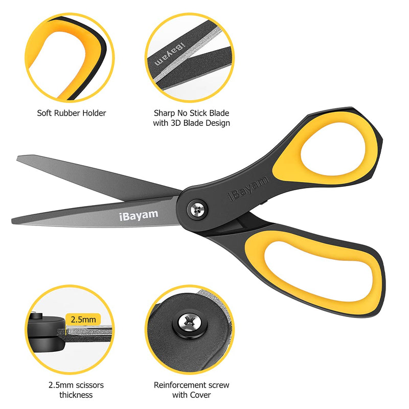 Scissors, iBayam 3 Pack 8" All-Purpose Titanium Non-Stick Scissor, Comfort Grip Sharp Nonstick Scissors for Office School Home General Use Art Craft Classroom DIY Supplies Cutting Tape Adhesive Vinyl Blue, Red, Yellow - NewNest Australia