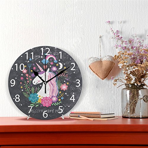 NewNest Australia - ALAZA Cute Unicorn with Rainbow Stars Round Acrylic Wall Clock, Silent Non Ticking Oil Painting Home Office School Decorative Clock Art 