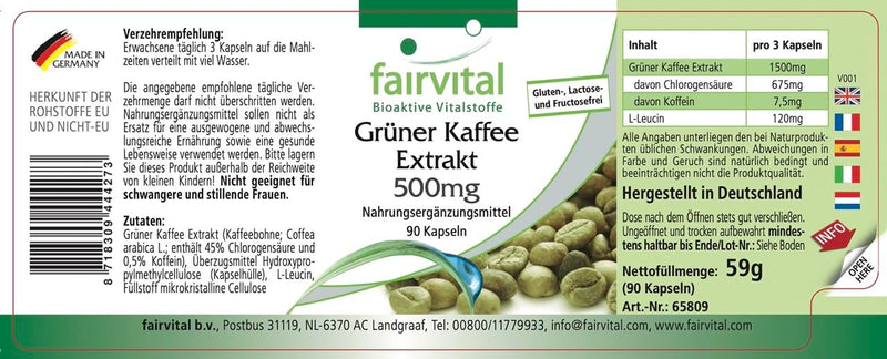 Fairvital | Green coffee extract 500mg - HIGH DOSE - standardized to 45% chlorogenic acid - VEGAN - 90 capsules - NewNest Australia
