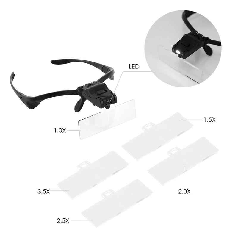 Wallfire Headband Magnifier With Led Light, Reading Head Holder, Magnifier With 5 Detachable Lenses For Reading, Jewelery Magnifier, Watch And Electronics Repairs (1.0X, 1.5X, 2.0X, 2.5X, 3.5X) - NewNest Australia