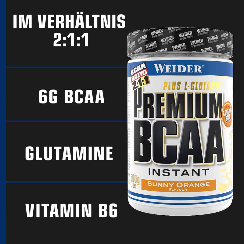Weider Premium BCAA Instant Amino Acid Powder + Glutamine and Vitamin B6, Sunny Orange, 500 g - NewNest Australia