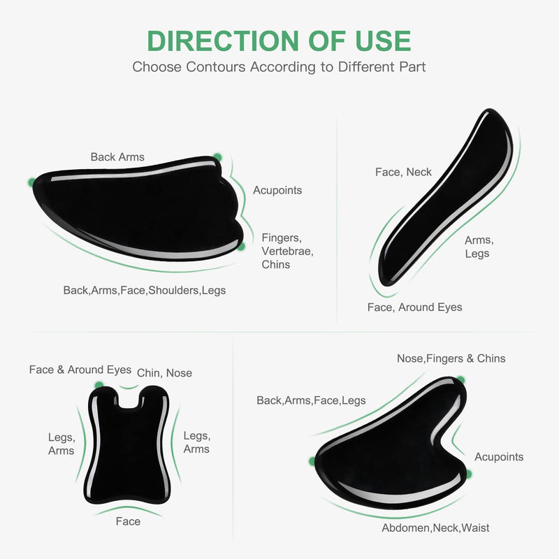 airogym Guasha Massage Tool，Natural Stone Gua Sha Board, 4PCS Guasha Stone Scraping Massage Sets for SPA Acupuncture Physical Therapy Muscle Knots Facial Caring Point Treatment (Black Stone) Black Stone - NewNest Australia