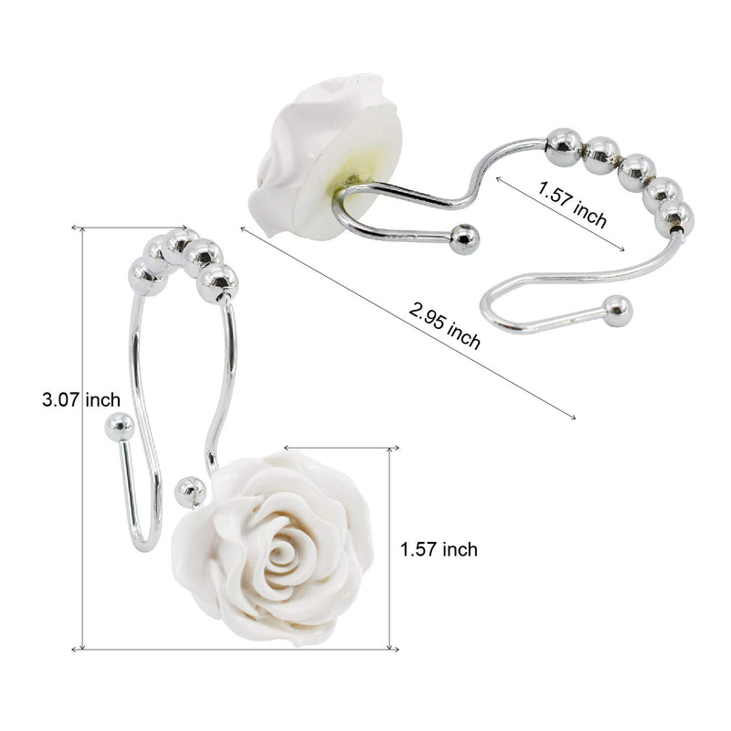 BEAVO Rose Shower Curtain Hooks,12 Pcs Double Glide Shower Curtain Rings Stainless Steel Rustproof Decorative Shower Hook Ring with Resin Rose Flower for Bathroom Shower Rods (White) White Rose hooks - NewNest Australia