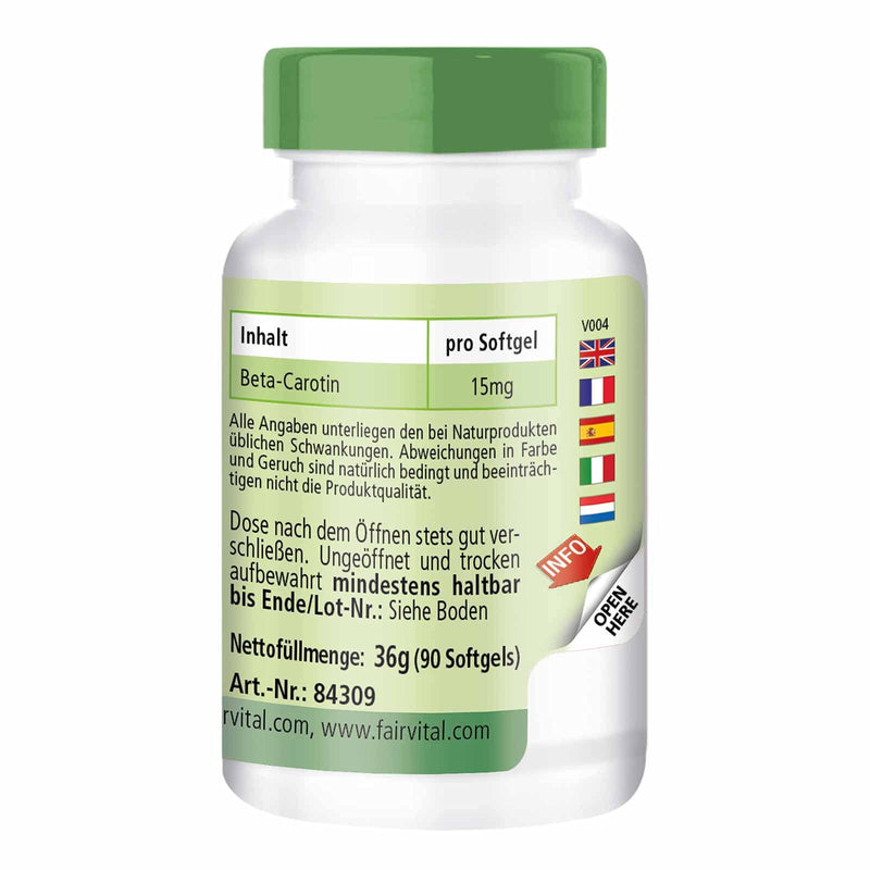 Fairvital | Beta carotene 25,000 IU - 15mg per capsule - HIGH DOSE - Provitamin A - 90 softgels - NewNest Australia