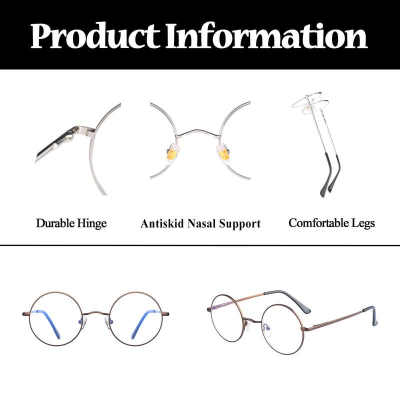 LJCZKA Round Blue Light Filter Glasses Women Men Round Glasses Without Strength Metal Frame for PC, Mobile Phone, TV, Anti Fatigue Brown 0.0 x - NewNest Australia