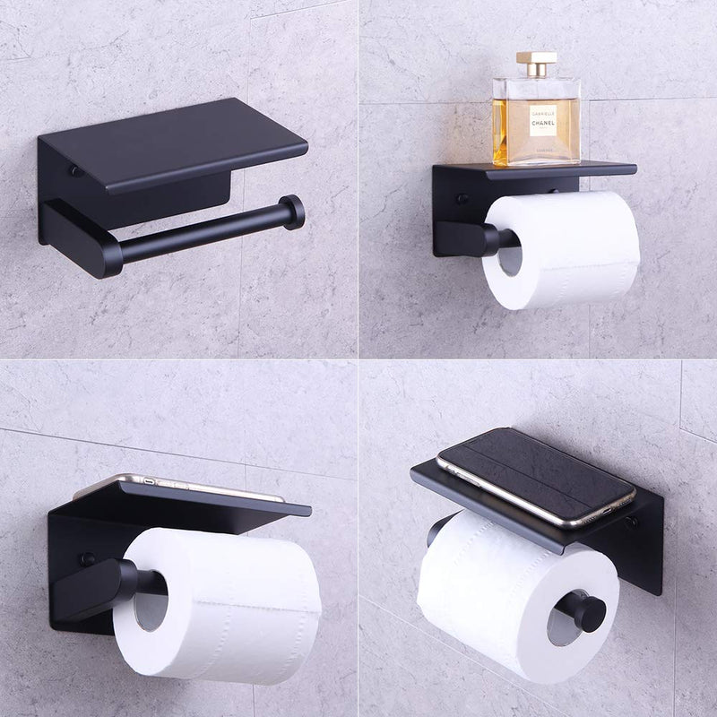 GERZWY Bathroom Toilet Paper Holder with Shelf, SUS 304 Stainless Steel Toilet Roll Holder Wall Mounted, Matte Black - NewNest Australia