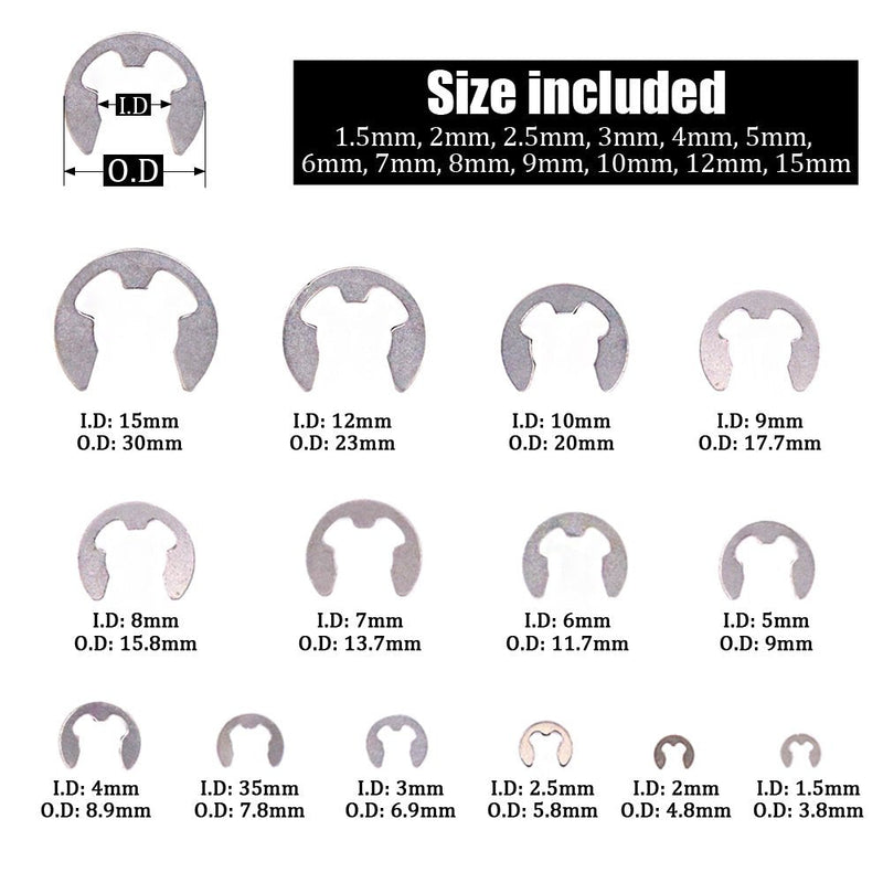 Hilitchi 380-Pcs [14-Size] E-Clip Circlip External Retaining Ring Assortment Set - 304 Stainless Steel - NewNest Australia