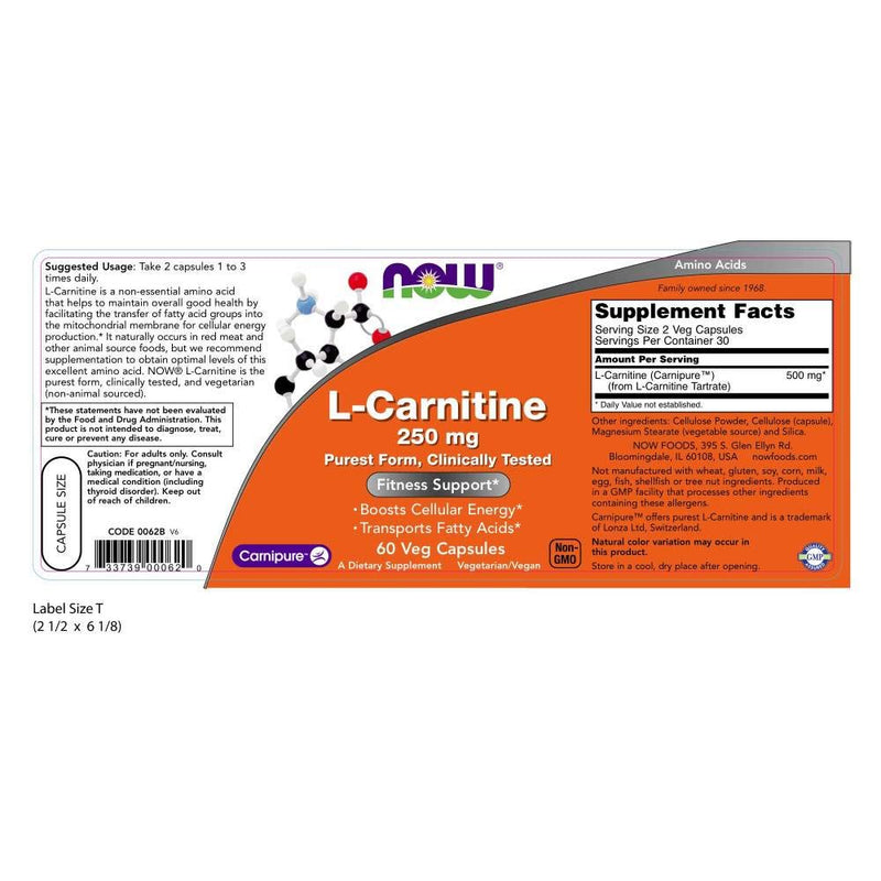 NOW Supplements, L-Carnitine 250 mg, Purest Form, Amino Acid, Fitness Support*, 60 Veg Capsules - NewNest Australia