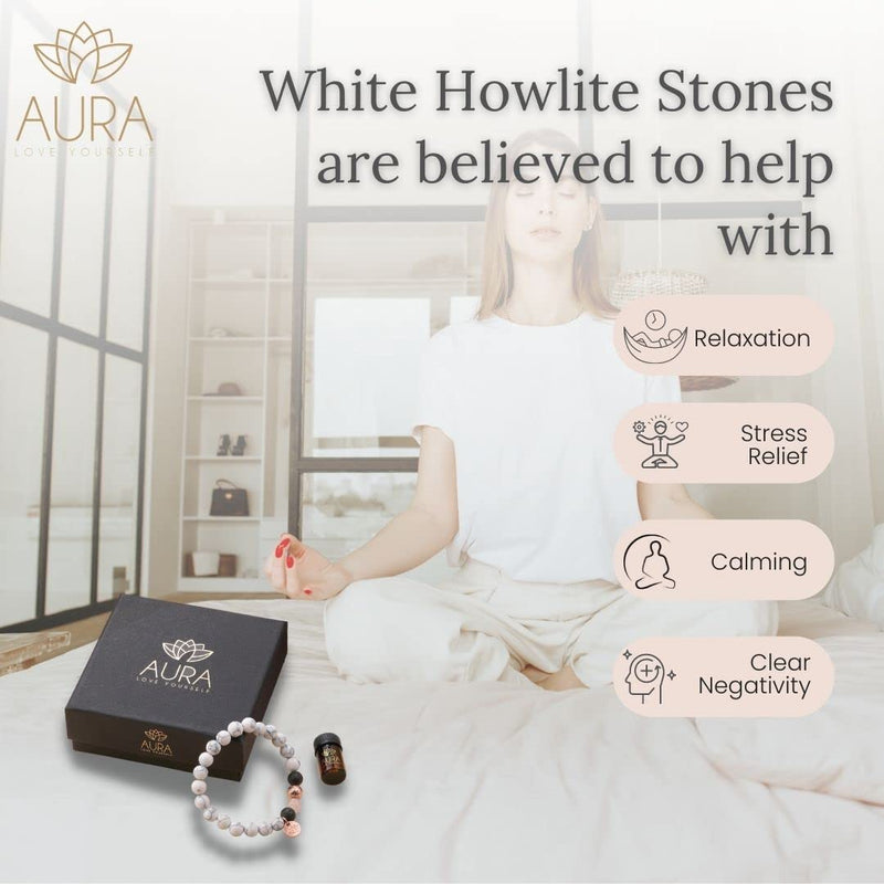 Howlite Bracelet with Rose Quartz, Crystals and Healing Gemstone Jewelry for Anxiety Stress Relief Gifts, Lava Beads - Lava Rock Bracelets for Women Men - White Natural Stone Bracelet Oil Diffuser - NewNest Australia