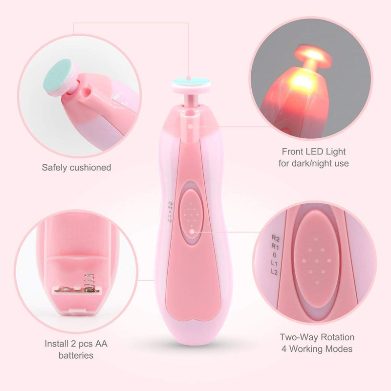 Qunlions life Glopole Baby Nail Trimmer File with Light - Safe Electric Nail Clippers Kit for Newborn Infant Toddler Kids Toes and Fingernails - Care, Polish and Trim - Battery Operated (AA), Pink - NewNest Australia