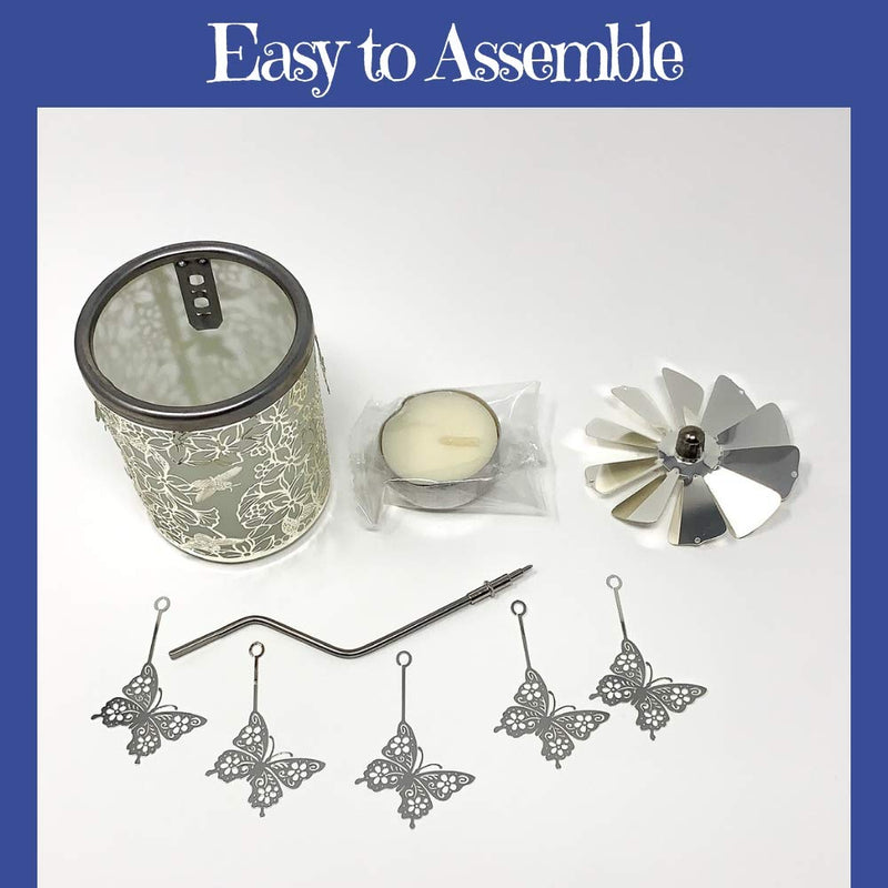 NewNest Australia - Butterfly Candle Holder - Silver Metal Rotating Spinning Butterflies with Flowers and Bees - Spinner Scandinavian Designs - 6 ¼ Inch Tall 