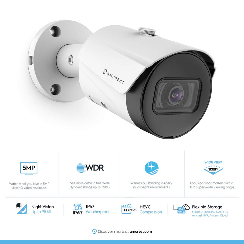 Amcrest UltraHD 5MP Outdoor POE Camera 2592 x 1944p Bullet IP Security Camera, Outdoor IP67 Waterproof, 103° Viewing Angle, 2.8mm Lens, 98.4ft Night Vision, 5-Megapixel, IP5M-B1186EW-28MM (White) White - NewNest Australia