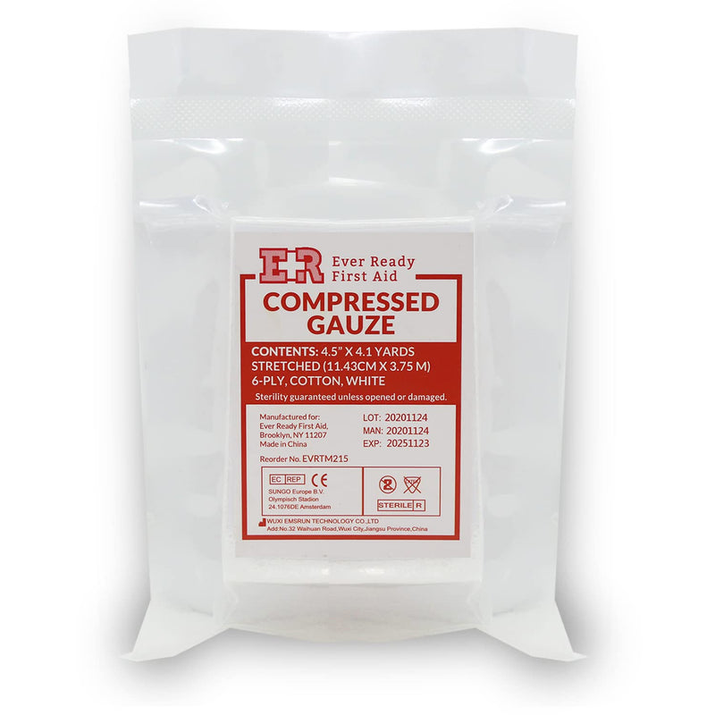 Ever Ready First Aid Compressed Sterile Gauze, 6-Ply Emergency Medical Dressing for First Aid Kits, Hemostatic Control Bandage – 4.5” x 4.1 Yards - 2 Pack - NewNest Australia