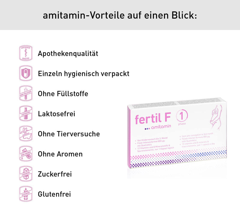 amitamin FERTIL F PHASE 1, 30 capsules, German pharmacy quality, desire to have children up to 3 months of pregnancy, high-dose 20 essential micronutrients including 800 ug folic acid, calcium, iron and much more - NewNest Australia
