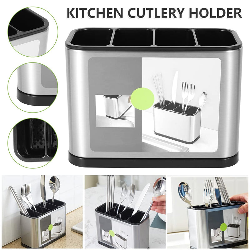 Keyohome Kitchen Cutlery Holder Stainless Steel Large Capacity Utensil Holder with Divider Weighted Base for No Tipping for All Kitchens Countertop or Table,18x13x8.6cm - NewNest Australia