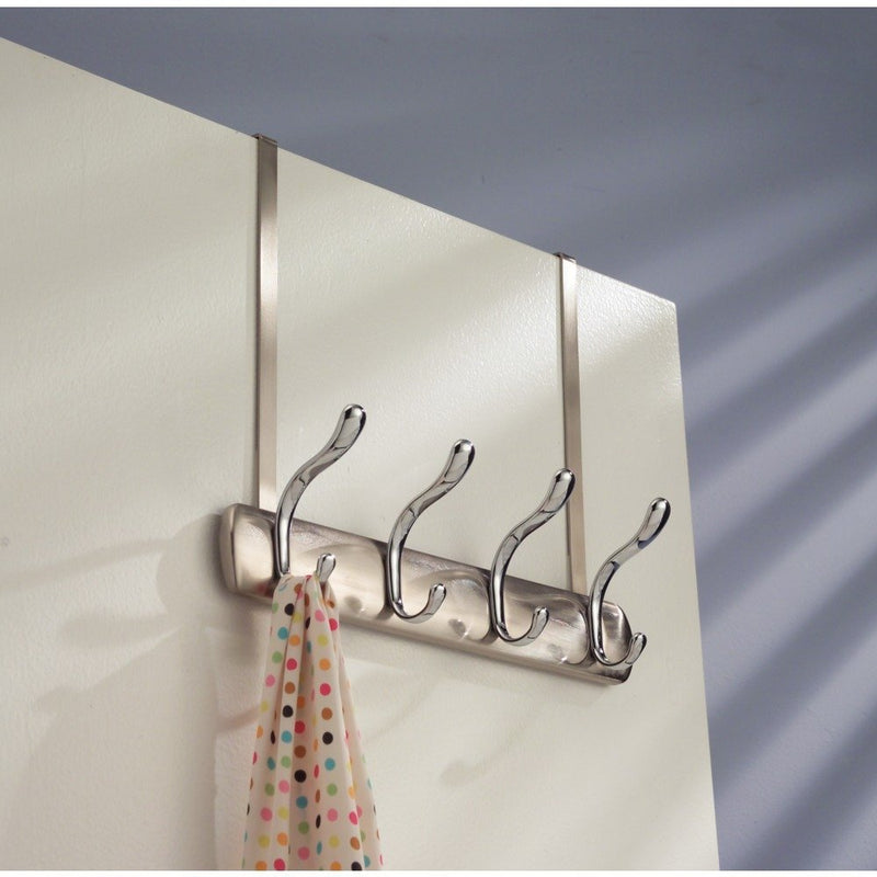 NewNest Australia - iDesign Bruschia Metal Over the Door Hanging 4-Hook Rack for Coats, Hats, Robes, Towels in Bathroom, Bedroom, Dorm, Entryway, 13" x 4.42" x 11.25", Brushed Nickel and Chrome Brushed and Chrome 4 Hook 