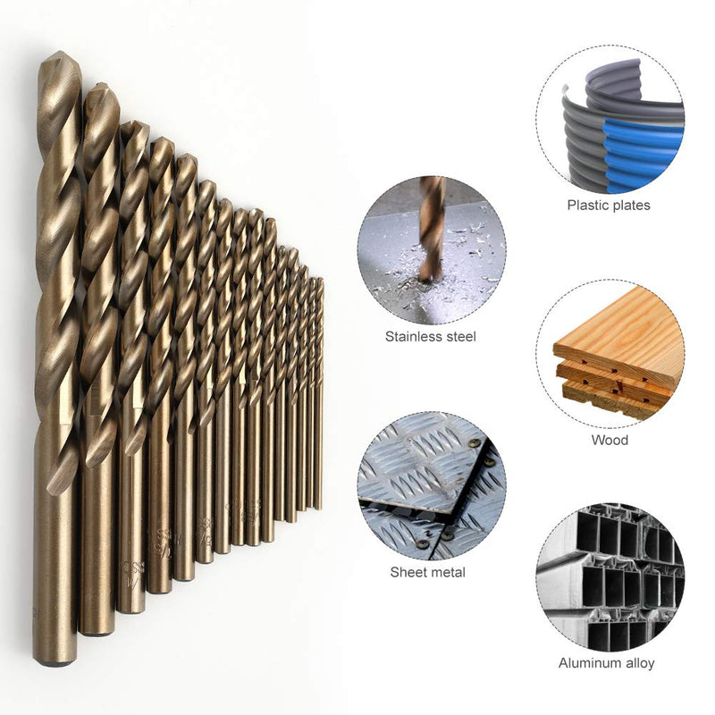 COMOWARE Cobalt Drill Bit Set- 15Pcs M35 High Speed Steel Twist Jobber Length for Hardened Metal, Stainless Steel, Cast Iron and Wood Plastic with Indexed Storage Case, 1/16"-3/8" 15 pcs Cobalt - NewNest Australia