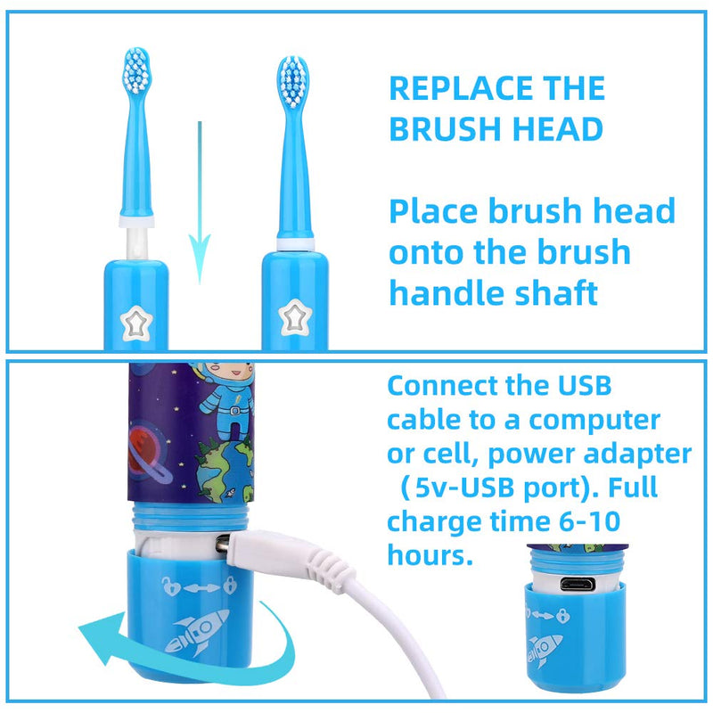 Musical Electric Toothbrushes for Kids Children, 3 Modes 2 Min Timer, Waterproof 31000 Strokes, 4 Bristles OJV 8620 Rechargeable Power Smart Sonic Music Play Song for Boy Oral-Care Age 3-14 (Blue) Blue - NewNest Australia