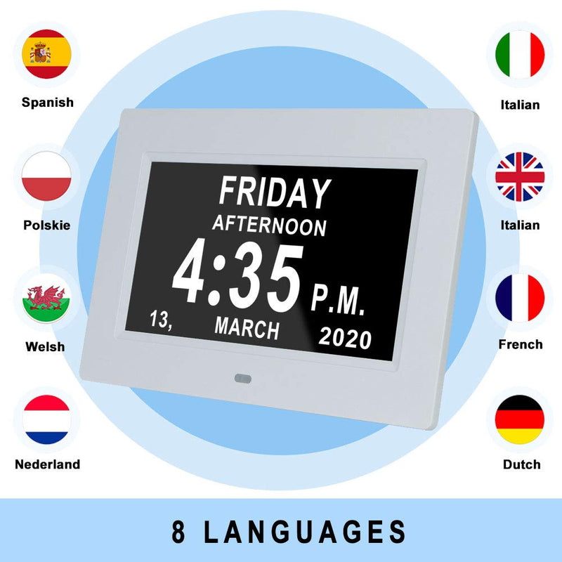 NewNest Australia - 7 Inch Digital Calendar Day Date Clock-12 Alarm Options with Auto-Dimming,Extra Large Non-Abbreviated Day&Month Memory Loss Clock for Seniors,Dementia,Impaired Vision (White) 