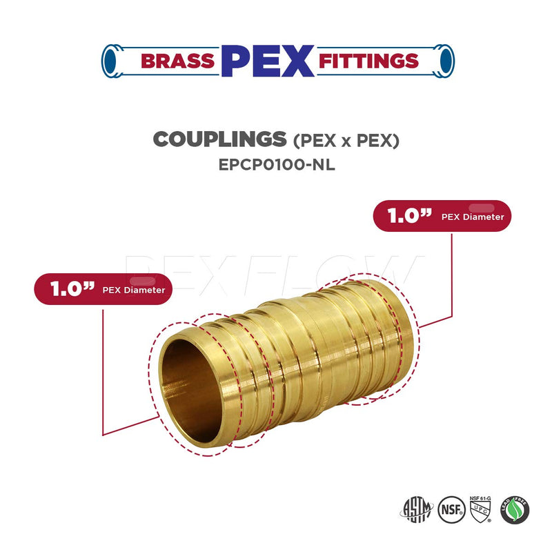 Supply Giant FQDQ0100-10 X PEX Straight Coupling Barb Pipe Fitting 1" (Pack of 10), 1 Inch, Brass (10 pack) - NewNest Australia