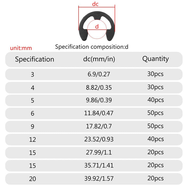 XINGYHENG 300PCS 9 Sizes Black Alloy Steel E-clip External Retaining Clamps Ring Washer Circlip Snap Retainer Rings Assortment Kit(3-22mm) - NewNest Australia