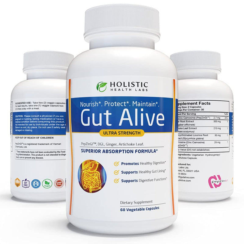 Holistic Health Labs Gut Alive - For Leaky Gut with Zinc Carnosine, Ginger Root, Artichoke Leaf Extract & Licorice (DGL). Supports IBS, Heartburn, Bloating, Gas, Constipation. 60 Capsules. - NewNest Australia