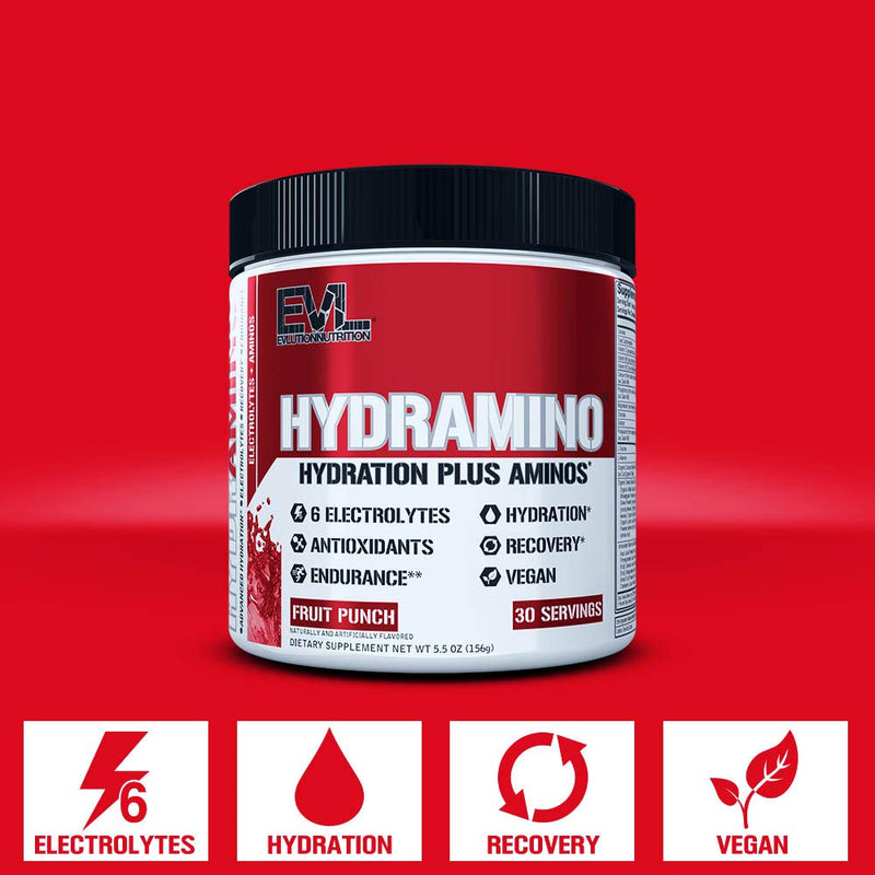 Evlution Nutrition HYDRAMINO Complete Hydration Multiplier, All 6 Electrolytes, Vitamin C & B, Fluid Boosting Aminos, Coconut Water, Endurance, Recovery, Antioxidants, 30 Serve, Fruit Punch - NewNest Australia