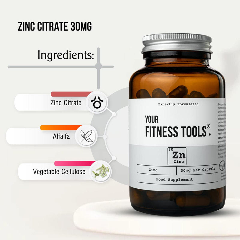 Zinc Citrate 30mg - 120 x Vegan Capsules - Zinc Supplement to Support Immune System, Hair Growth, Skin, Bones, Nails - Made in The UK by Your Fitness Tools - NewNest Australia