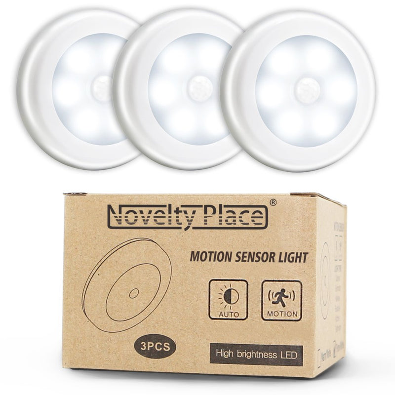 Novelty Place [Super Bright] LED Motion Sensor Lights - Cordless Battery Powered Built-in Magnets Optional Sticky Pads - Motion Sensing Bathroom Hallway Closet Nightlight - Pack of 3 - NewNest Australia